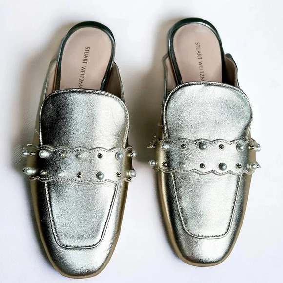 Stuart Weitzman Metallic Pearlstud Embellished Mules Size 4 - Picture 1 of 14
